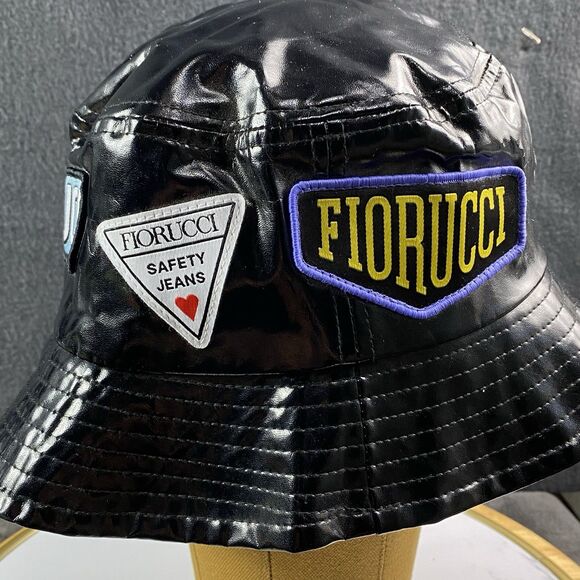 Fiorucci Black Vinyl Bucket Hat Multi Patch Angels Safety Jeans 90s Style Y2K main image 7